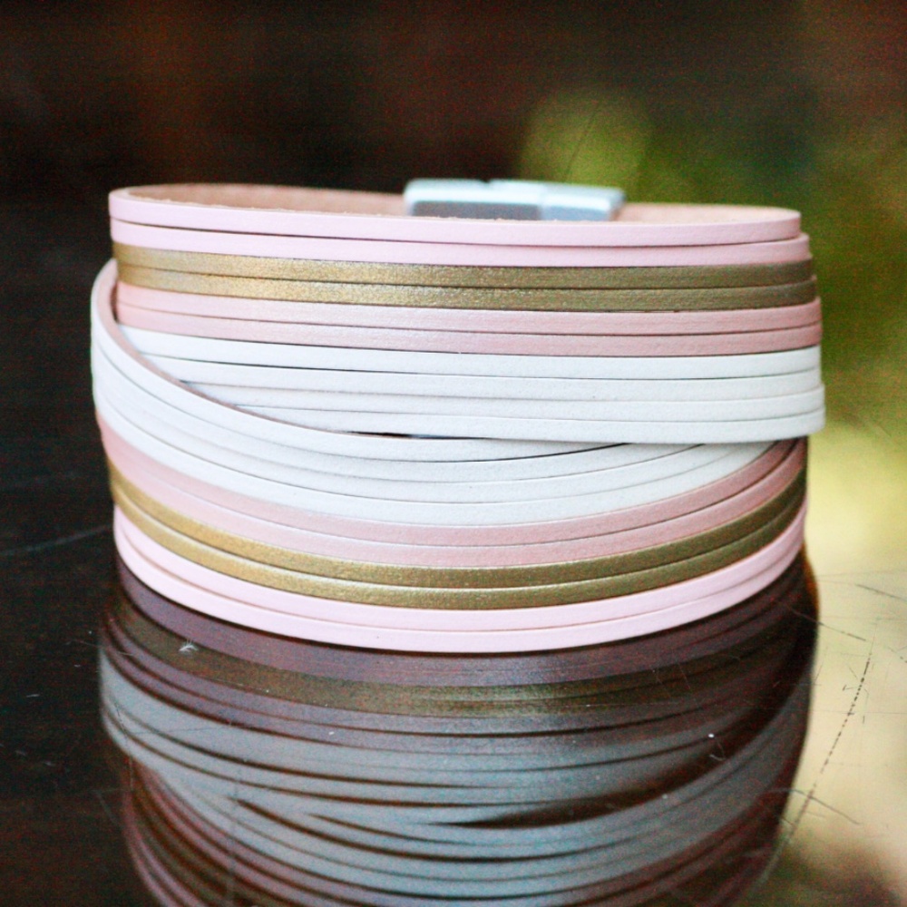 Handmade Vintage Inspired Wide Vegan Leather Cuff Bracelet in Pink and White